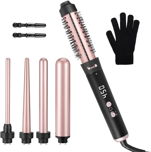 Professional 5-in-1 Ceramic Curling Wand Set, Interchangeable Barrels, Heat Glove, Salon-Grade Styling Tool for Long, Thick, Thin Hair, Create Waves, Curls & Straight Styles at Home
