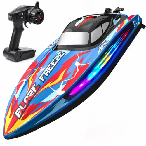 DEERC RC Boot mit LED-Licht, ferngesteuertes, für Pools und Seen, 20+ km/h, 2,4-GHz-Rennboote mit 2 Batterien, Poolspielzeug für Kinder, ferngesteuertes Wasserfahrzeug (Blau)