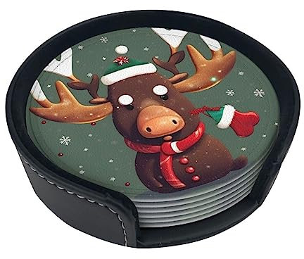 Lustiges Weihnachts-Untersetzer-Set mit Elchkopf-Druck, 6 Stück für Kaffeetische, Getränke, Bars, Partys, 9,9 cm
