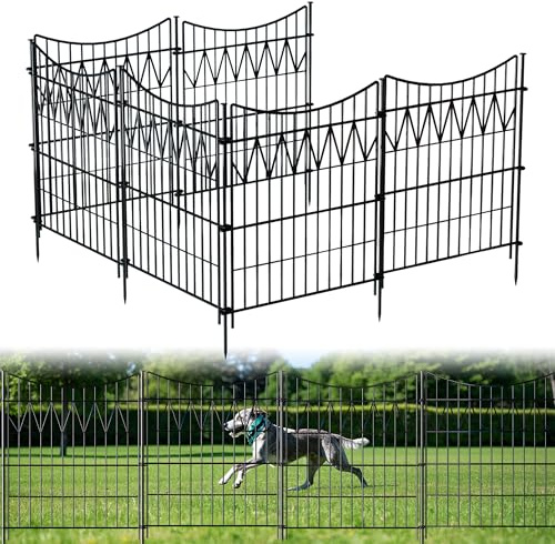 6 Panels Garden Fence Animal Barrier, 32in(H)×13.5ft(L) Rustproof Metal No Dig Fence | Reusable Decorative Garden Fence Border with Extra-Long Ground Stakes | Temporary Dog Fence for Yard, Black