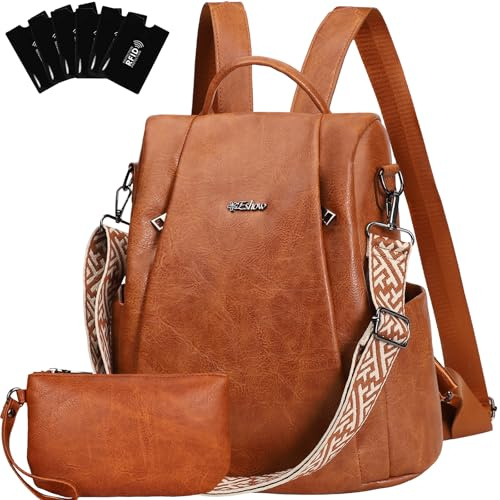 Eshow Petit Sac a Dos Femme Antivol, Sacs à Main Portés Dos Elégant Léger Imperméable PU Cuir, Sacoche Bandoulière avec Étui anti RFID & Pochette pour Voyage Travail Loisirs Université Brun