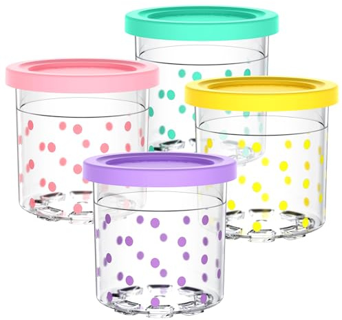 Generiskt kompatibel med Ninja Creami-glassmaskin NC300/NC301-serien – set med 4 isbehållare i rosa, lila, grön och gul, BPA-fri, diskmaskinssäker (mörd)
