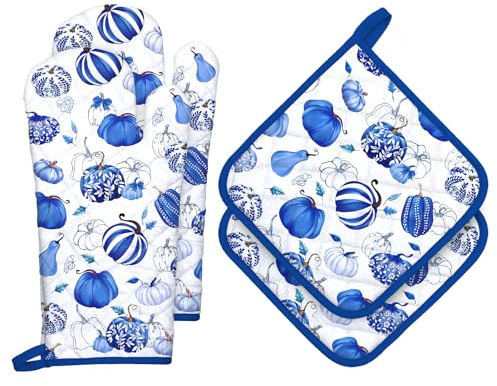 Arquiel Ofenhandschuh und Topflappen Herbst Blauer Kürbis 4er Set, 100% Baumwolle Kochhandschuhe, Hitzebeständiger Küchenhandschuh für Kochen, Herbst Dekor Küche Dekor Geschenke für Frauen