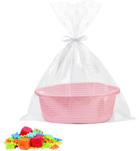 SKIKHN Cestino Regalo Vuoto,Cesto Regalo Corda di Cotone Cesti,Grandi Cestini Vuoti con Sacchetti Regalos Trasparente Nastro Regalos per Baby Shower,Compleanno,Matrimonio,Ringraziamento,Natale Rosa