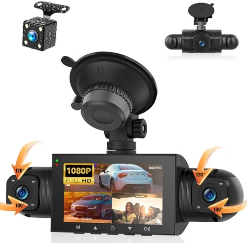 SIXTOP Dashcam Auto 360 Gradi 4 Canali, Telecamere 1080P Anteriori/Interne/Posteriori con 3 Schermo IPS, Supporto per Schede TF, Visione Notturna/Monitoraggio Parcheggio 24h/Sensore G/Looping Record
