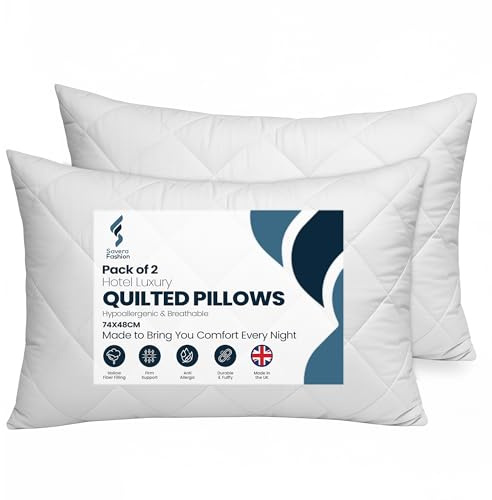 Savera Fashion Quilted Pillows 2 Pack – Soft & Supportive Hollowfibre Bed Pillows 48x74cm – Hypoallergenic & Anti-Allergy Hotel Quality Pillow Pair with Cotton Cover for All Sleepers (Pack of 2)