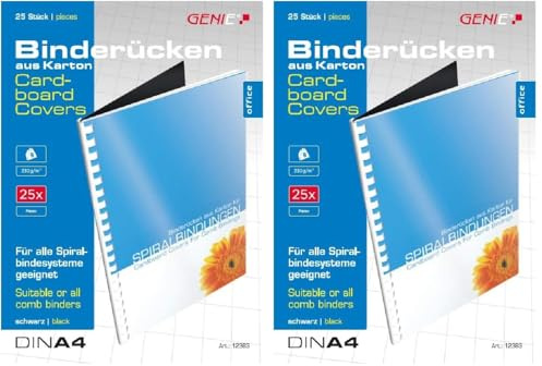 GENIE 12383 Karton-Rücken (DIN A4; 230 g/qm; geeignet für alle Bindegeräte) 25 Stück schwarz (Packung mit 2)
