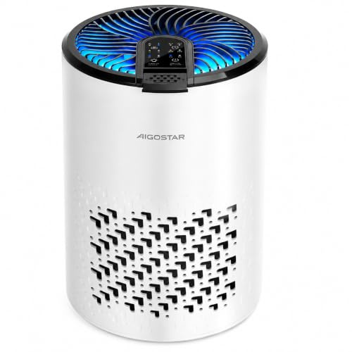 Aigostar Purificador de Aire con Filtro HEPA y Carbón Activado para Dormitorio, 15dB Silencioso Modo Sueño, Elimina Olores, Polvo y Alérgenos, Temporizador 8H, Indicador de Filtro, Aromaterapia