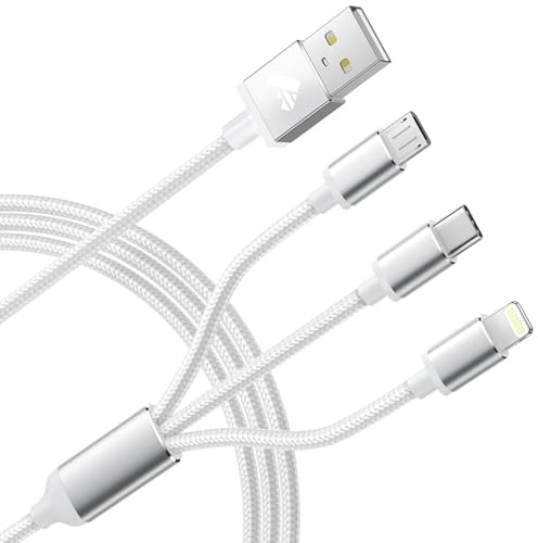 Multi USB Kabel, 3 in 1 Universal Ladekabel [1.2M] Nylon USB C schnellladekabel iPhone Ladekabel Mehrfach mit Micro USB Typ C Lightning Kabel für iPhone 17 16 15 14 13 12, Samsung, Handys, Weiß