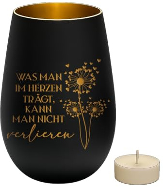 Liebtastisch - Windglas mit Gravur - was man im Herzen trägt, kann man Nicht verlieren - Trauergeschenk,Gedenklicht - Geschenk für Trauernde - Teelichtglas - Andenken - für Hinterbliebene - Schwarz