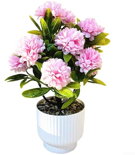 Bola de flores artificiales de crisantemo en maceta de plástico realista con flores de tela de seda para uso en interiores en mesas y estantes (rosa)
