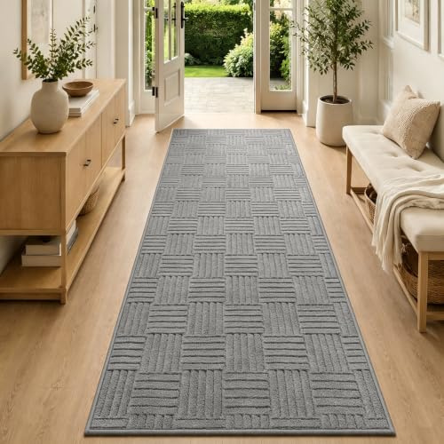 VSIWB Teppich Läufer Flur 80x200cm, Waschbarer rutschfest Kurzflor Küchenläufer, 3D Effekt Flauschiger weiche Grau Moderner Teppich Flur für Küche, Wohnzimmer, Schlafzimmer, Diele, Eingang