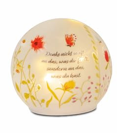 formano 1 Stück Deko-Kugel mit LED-Licht + Timer 12cm aus Farbglas mit Blumenmuster u. Spruch: Denk nicht so oft..., für 3x AA Batterien 1,5V-Dekolampe, Batterie nicht enthalten