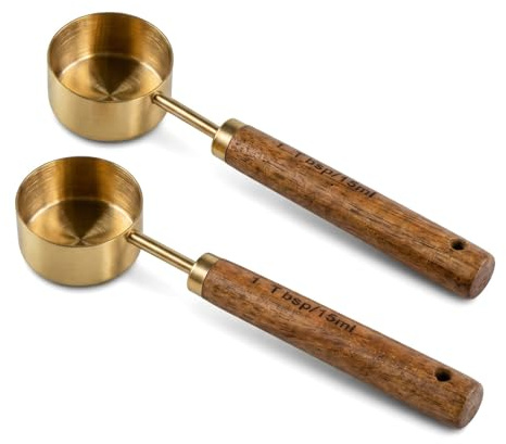 2 Piezas Cucharas Medidoras 15ml, Cuchara Medidora de Acero Inoxidable y Madera de Acacia, Medidores de Cocina Color Oro para Ingredientes Secos y Liquidos, Cafe, Hornear