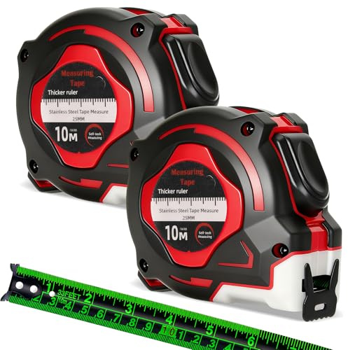 Måttband 10 m, set om 2, självlåsande måttband med dubbelsidig fluorescerande skala, nylonbelagt rullmåttband, mätband för hemmafixare, renovering, hushåll, verkstad och trädgård