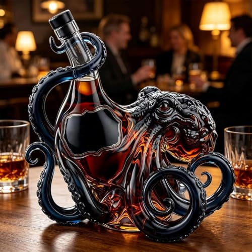 Kraken Botella de pulpo, decantador de vidrio de borosilicato soplado a mano con tentáculos esculpidos para whisky, ron o vino, 350 ml, decoración náutica para el hogar y bar para amantes de la marina