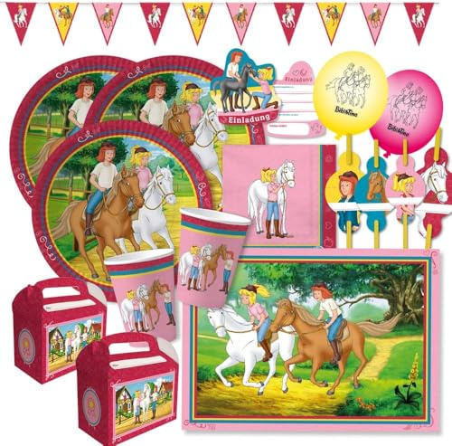 DH-Konzept 69-teiliges Party-Set - Bibi und Tina - Teller Becher Servietten Platzsets Wimpelkette Einladungen Papier-Trinkhalme Luftballons Partyboxen für 6-8 Kinder