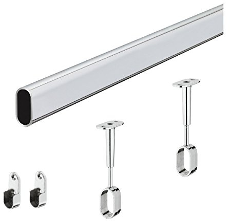 GEDOTEC Riel para ropa ovalado 1500 mm con 2 piezas Armario de pared lateral tubo montaje en pared y techo | Acero cromado | Tubo de armario 30 x 15 mm | 1 juego