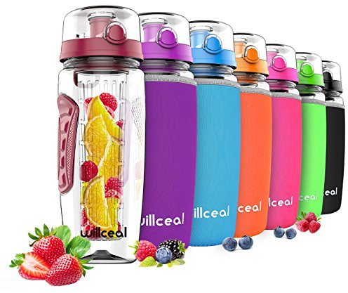 Borraccia per l'acqua con infusore per frutta,di grandi dimensioni, resistente, in plastica Tritan priva di bisfenolo A, con coperchio a scatto e design a prova di perdita (Deep Red)