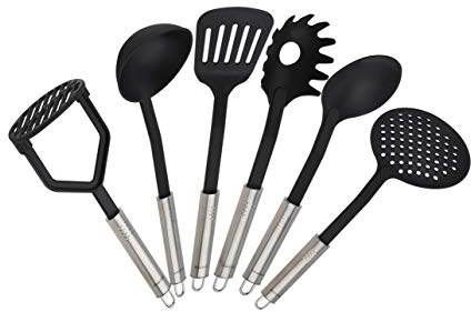 FACKELMANN Küchenhelfer-Set OVALGRIFF, Kochbesteck für beschichtete Pfannen und Töpfe, Kochzubehör aus hochwertigem Edelstahl und Kunststoff (Farbe: Silber/Schwarz), Menge: 1 x 6er Set