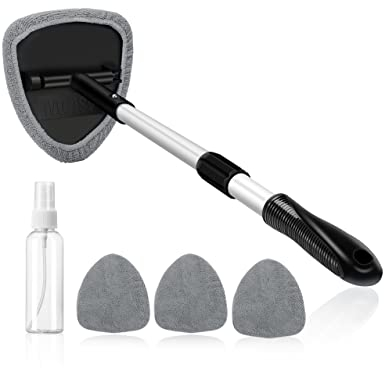 AstroAI Car Windscreen Cleaner, 4 Reusable and Washable Microfiber Pads, Windshield Cleaning Wand Tool with Telescopic and Extendable Handle Auto Inside Glass Wiper Kit, Grey