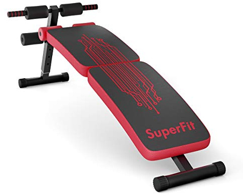 GYMAX Adjustable Sit up Bench, Folding Abdominal Training Slant Bench with Reserve Crunch Handle, Curved Decline Bench for Home/Gym (Red)