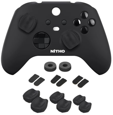 NiTHO FPS Gaming Kit für Xbox Series X/S Controller, Anti-Schweiß-Silikonhülle, 3 Größen von 2 Konkaven Joystick-Kappen, 3 Sätze von 2 Gummi-Trigger, 2 Präzisionsringe - Schwarz