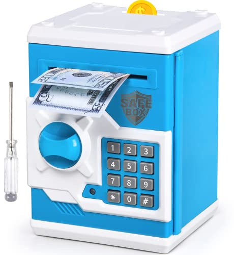 ATM Piggy Bank for Boys Girls, Vcertcpl Mini ATM Coin Bank Money Saving Box with Password, Kids Safe Money Jar for Adults with Auto Grab Bill Slot, Great Gift Toy Bank for Kids(Blue White)