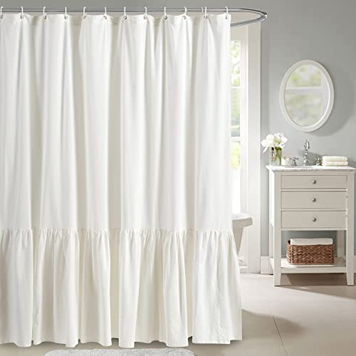 YoKii Meerjungfrau-Rüschen-Duschvorhang, 100% Baumwolle, elfenbeinfarben, Shabby Chic, Boho, Bauernhaus, Landhausstil, ästhetische Badezimmer-Dekoration
