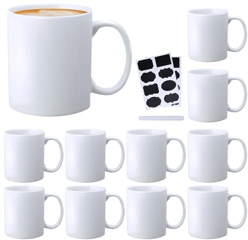 COMUDOT Ceramic Coffee Mug,White Tea Mug,Classic Drinking Cups with Handle,11 OZ Cups Set of 12, for Hot or Cold Drinks like Cocoa, Milk, Tea or Water(Labels)