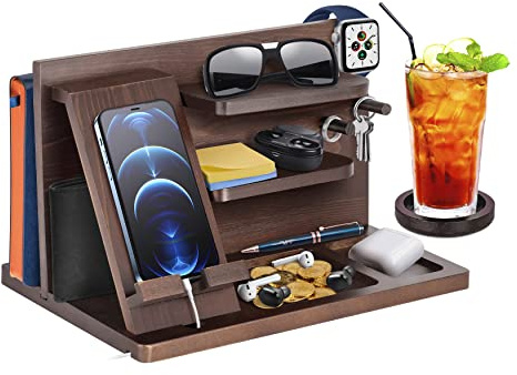 Geschenke für Männer Weihnachten Holz Telefon Dockingstation Uhren Geldbörsen Nachttisch Organizer Geburtstag Geschenk Papa, Geburtstagsgeschenke für Männer oder Vater Schreibtisch Organizer Holz
