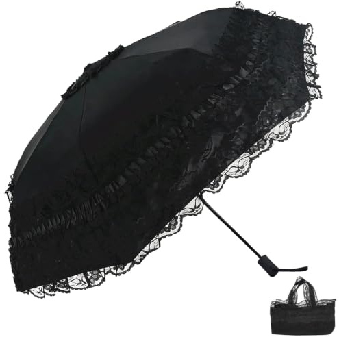 URAWESO Black Lace Parasol Goth Lolita UV Blocker Gothic Umbrella for Witch Cosplay Victorian Wedding Travel Halloween Decor (Flower Printed Lining)