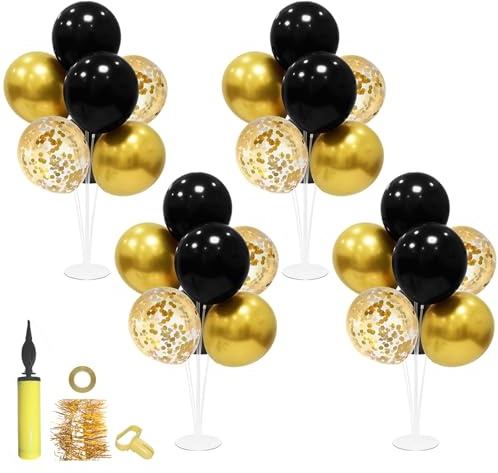 ZJDHPTY Graduation Decorations 2026,4 Set Balloon Stand with Pump and Balloons, Black and Gold Party Decorations for 40th 50th 60th 70th Birthday Retirement Wedding Anniversary New Year Party Supplies