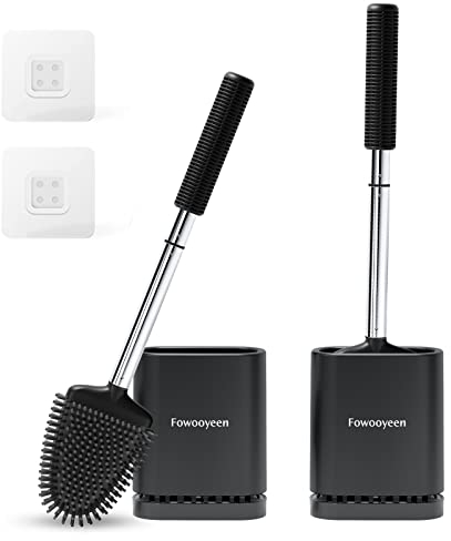 Fowooyeen Scopino WC Silicone, Spazzolone Bagno WC Nero in Acciaio Inox, Spazzola Bagno Autopulente a Manico Lungo con Supporto, Set di Scopettino per WC, Montaggio a Parete/in Piedi, 2 Pacchi