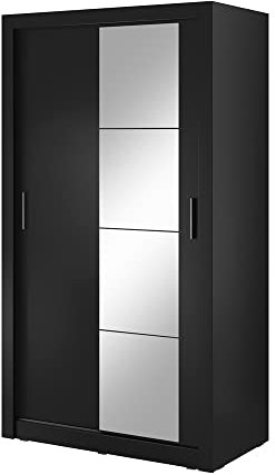 MINIO go for it - Schwebetürenschrank ERTA 6, 120 cm, zweitürig Schrank mit Spiegel, Kleiderstangen und Einlegeboden, Schlafzimmer Möbel, Farbe: Schwarz matt