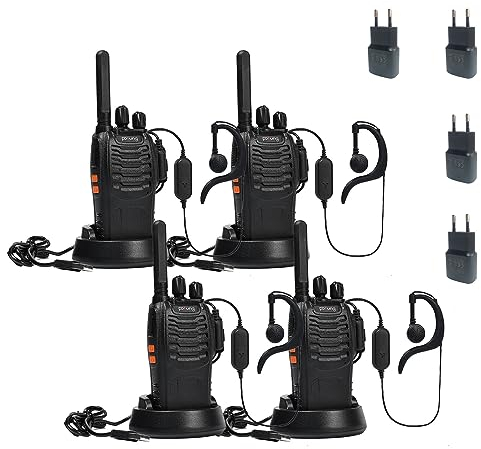 Walkie Talkie PMR446 lizenzfreies Zwei-Wege-Funkgerät, pofung PT88E 16 Kanäle Professionelle wiederaufladbare Walkie Talkies mit großer Reichweite mit EU-Ladegerät und Hörmuscheln Schwarz 4 Stück
