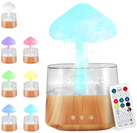 Regenwolken Luftbefeuchter, 3 in 1 Rain Cloud Humidifier/Aroma Diffuser/7 Farben LED Nachtlicht, Wassertropfen-Geräusch Entspannung Schlafzimmer Diffuser Ätherische Öle (Holz - mit Fernbedienung)
