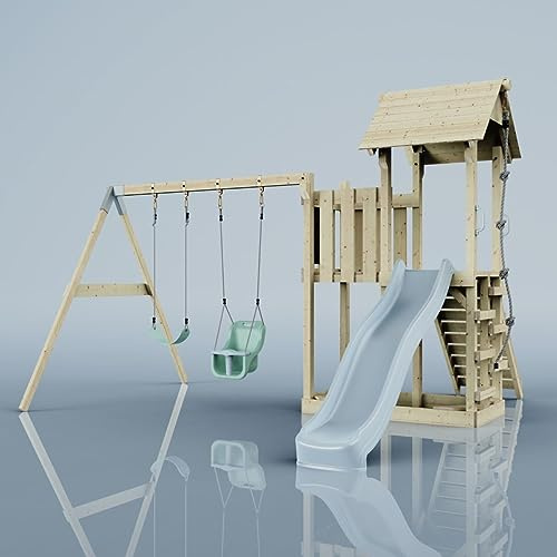 Rebo Spielturm mit Wellenrutsche und 2X Kinder-Schaukel, Outdoor Klettergerüst Garten mit Plattform,Eisblau