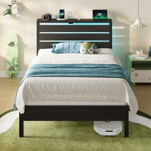 Rolanstar Bed Frame Twin Size with USB Charging Station, LED Bed Frame with Wood Storage Headboard, Black Metal Platform Bed with Under Bed Storage, No Box Spring Needed, Noise Free