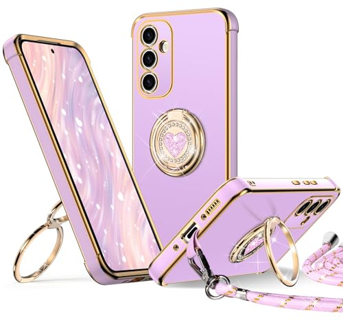 XYZ for Samsung Galaxy S24 Case with Stand, Galaxy S24 Phone Case with Double Ring Heart with Lanyard for Girls Women, Luxury Cute Bling Protective Case for Samsung S24, Purple