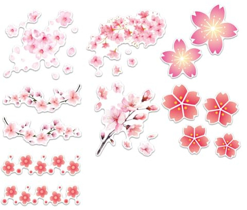 WADORN 7pcs Cherry Blossoms Car Decal Set, Waterproof Cherry Blossoms Decals for Vehicle Decoration Reflective March Cherry Blossom Stickers Wiper Stickers for Window Bumper Laptop, 14.8x15.5cm