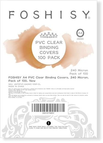 FOSHISY A4 PVC-Bindungshüllen, transparent, 240 Mikron, 100 Stück