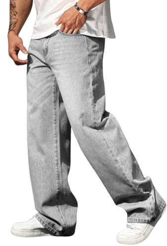 Verdusa Men's High Waist Loose Jeans Baggy Straight Leg Denim Pants Trousers Light Grey Small