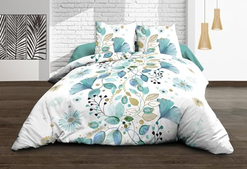 Le Linge de Jules Parure Drap Plat + Drap-Housse 140x190 + 2 T - Pur Coton 57 Fils - Bloom, Bleu