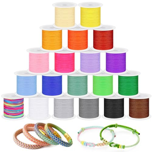 Swpeet Juego de 20 cuerdas de nailon multicolor de 0,8 mm y 20 m, hilo de perlas de nailon para pulseras trenzadas, perlas, collares, manualidades de macramé, viento y joyas