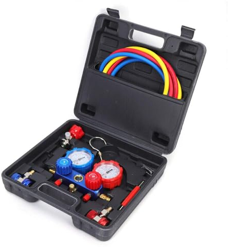 2 Wege Monteurhilfe Klimaanlage Manometer Set, Manifold Gauge Messgerät Set für R134a, R22, R12, R410a,R404a und R502, HVAC/Auto AC Kältemittelaufladung