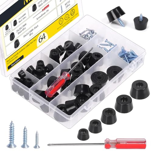 Mardatt 64Pcs Rubber Feet for Cutting Board, 5 Sizes Non Slip Rubber Bumper Feet with Stainless Steel Matching Screws, Black Rubber Feet Bumpers Pads for Furniture, Electronics and Appliances