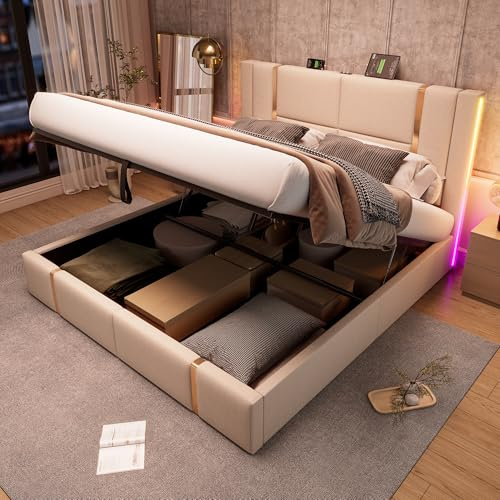 Merax Stauraumbett Polsterbett Hydraulisch Doppelbett 160×200cm, LED Funktionsbett mit USB Ladefunktion, höheres Kopfteil, Lattenrost aus Holz, Metallrahmen, Leinen, Jugendbett, ohne Matratze, Beige