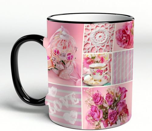 YOIUE Tasse aus Keramik - Große 11oz Tassen 330ml Kaffeetassen mit Henkel, 100% Handbemalt - Trinkgläser mit Griff - Weiß,romantische Collage mit Rosen in rosa Farbe