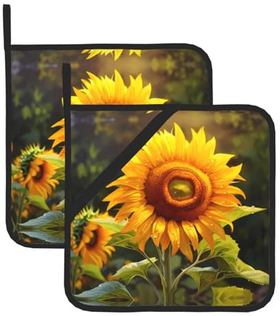 WHJYYXDE Set di 2 presine da cucina, 20,3 x 20,3 cm, isolamento termico durevole, tessuto impermeabile, bellissimo motivo girasole